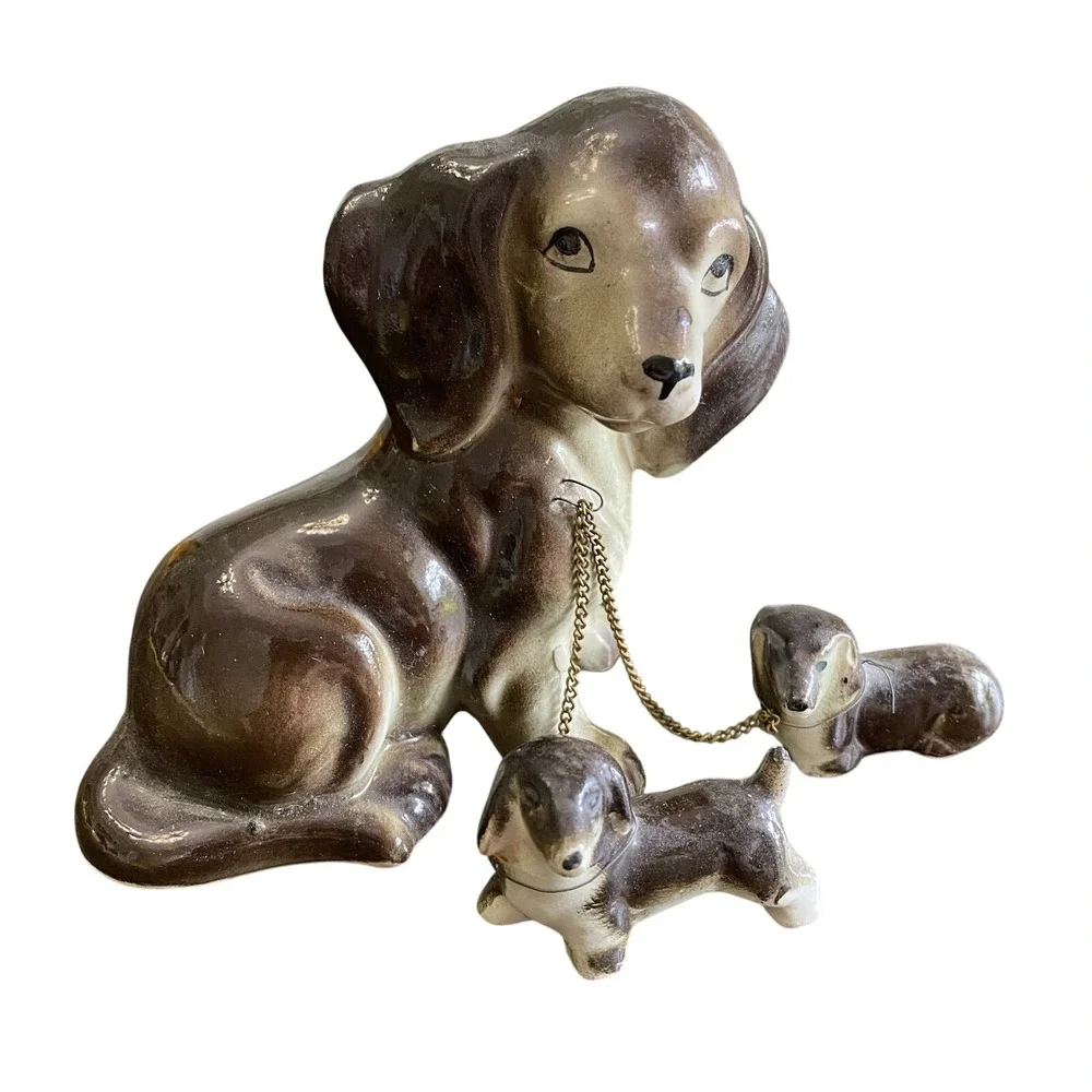 VTG DACHSHUND‎ Ceramic Figurines Mom And 2 Puppies Brown & White Flaw